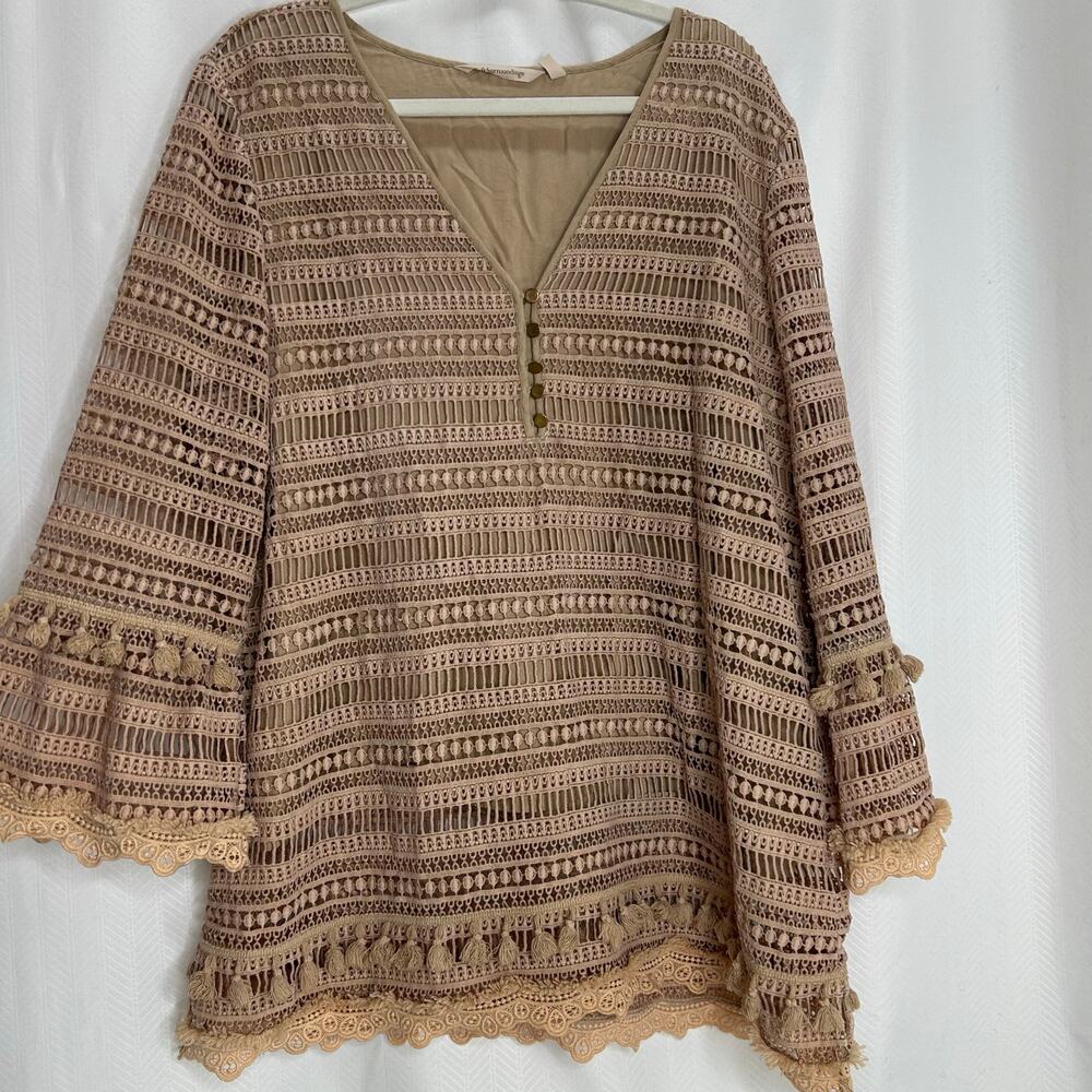 Soft Surroundings Adelita lace top tan crochet size large tunic bell sleeves